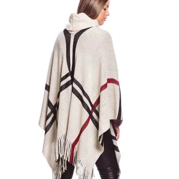 New White Plaid Turtleneck Poncho Sweater Cape - Picture 2 of 2